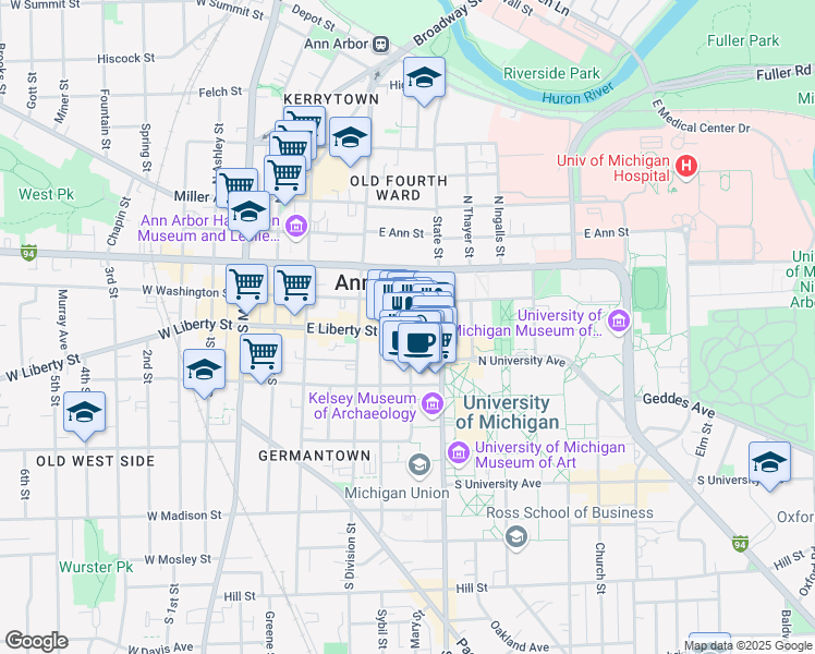 map of restaurants, bars, coffee shops, grocery stores, and more near 309 Maynard Street in Ann Arbor