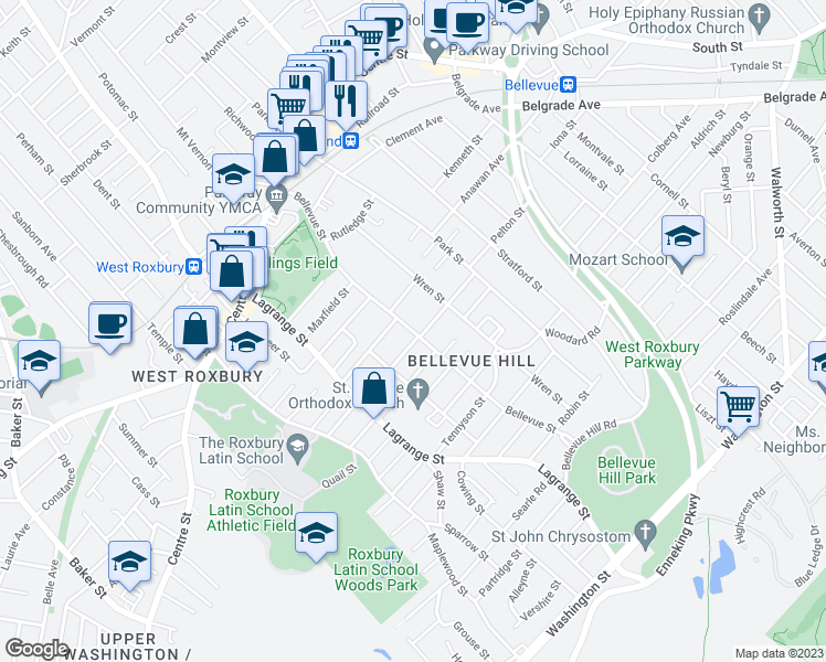 map of restaurants, bars, coffee shops, grocery stores, and more near Bellevue St in Boston