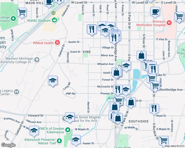 map of restaurants, bars, coffee shops, grocery stores, and more near 733 Axtell Street in Kalamazoo