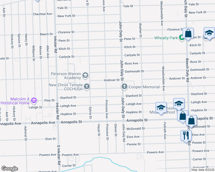 map of restaurants, bars, coffee shops, grocery stores, and more near 26835 Colgate Street in Inkster