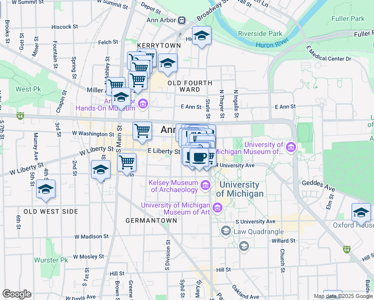 map of restaurants, bars, coffee shops, grocery stores, and more near 309 Maynard Street in Ann Arbor