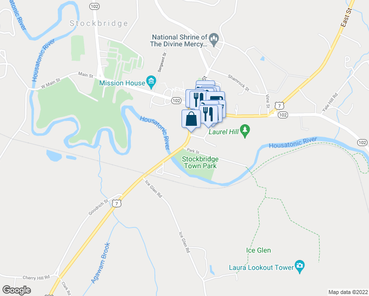 map of restaurants, bars, coffee shops, grocery stores, and more near 31 Park Street in Stockbridge