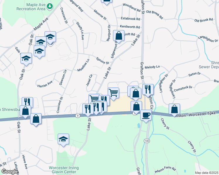 map of restaurants, bars, coffee shops, grocery stores, and more near 105 Harrington Farms Way in Shrewsbury