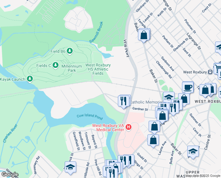 map of restaurants, bars, coffee shops, grocery stores, and more near 1213 VFW Parkway in Boston