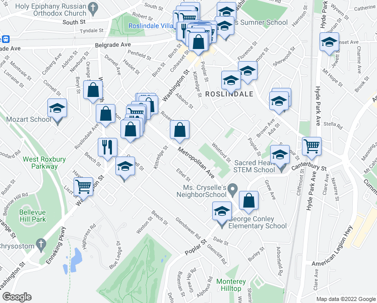 map of restaurants, bars, coffee shops, grocery stores, and more near 130 Metropolitan Avenue in Boston