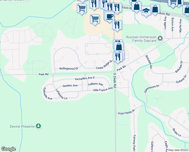 map of restaurants, bars, coffee shops, grocery stores, and more near 5713 Versailles Avenue in Ann Arbor