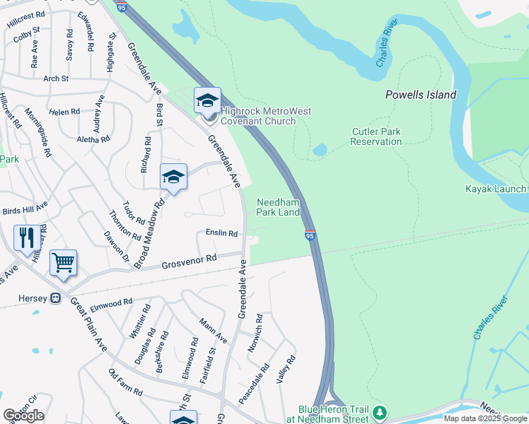 map of restaurants, bars, coffee shops, grocery stores, and more near 880 Greendale Avenue in Needham