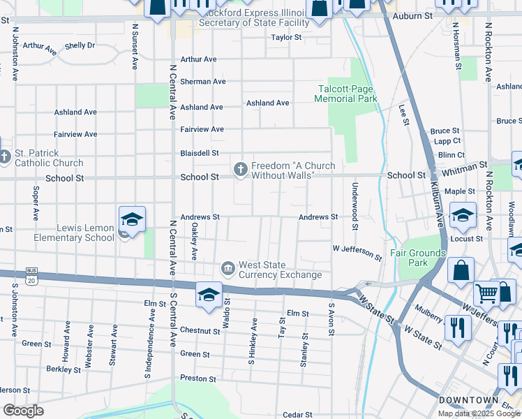 map of restaurants, bars, coffee shops, grocery stores, and more near 329 North Hinkley Avenue in Rockford