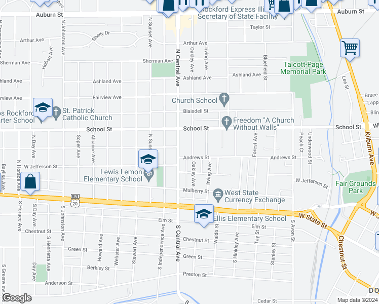 map of restaurants, bars, coffee shops, grocery stores, and more near 410 Oakley Avenue in Rockford