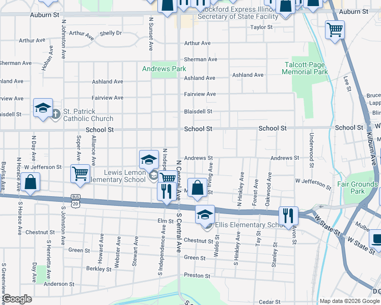 map of restaurants, bars, coffee shops, grocery stores, and more near 410 Oakley Avenue in Rockford