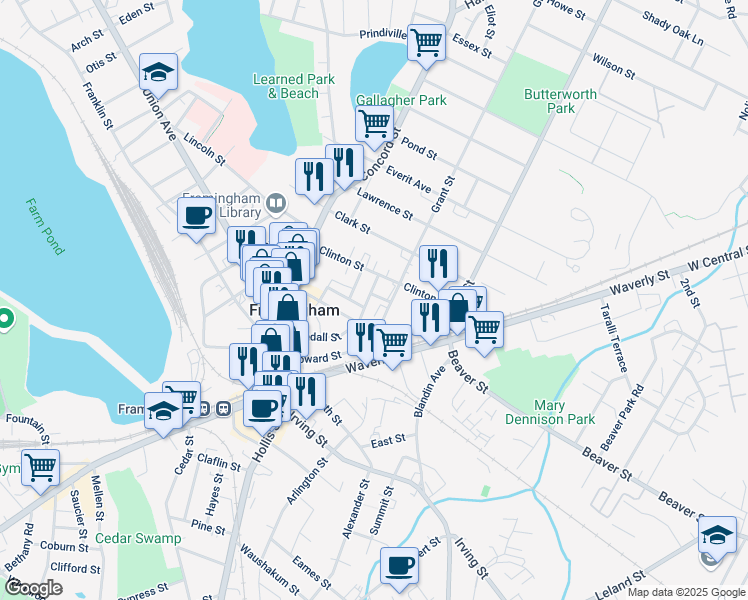 map of restaurants, bars, coffee shops, grocery stores, and more near 45 Freeman Street in Framingham