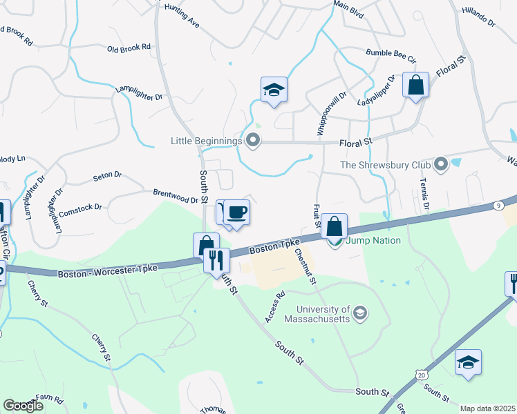 map of restaurants, bars, coffee shops, grocery stores, and more near 237 South Street in Shrewsbury