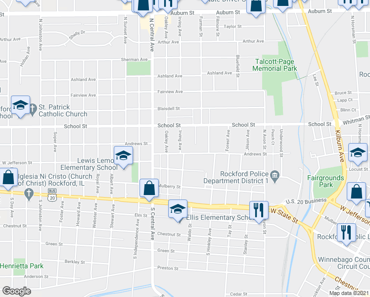 map of restaurants, bars, coffee shops, grocery stores, and more near 1449 Andrews Street in Rockford