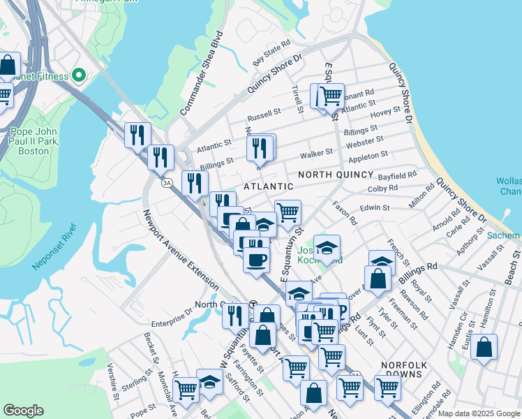 map of restaurants, bars, coffee shops, grocery stores, and more near 33 Hunt Street in Quincy