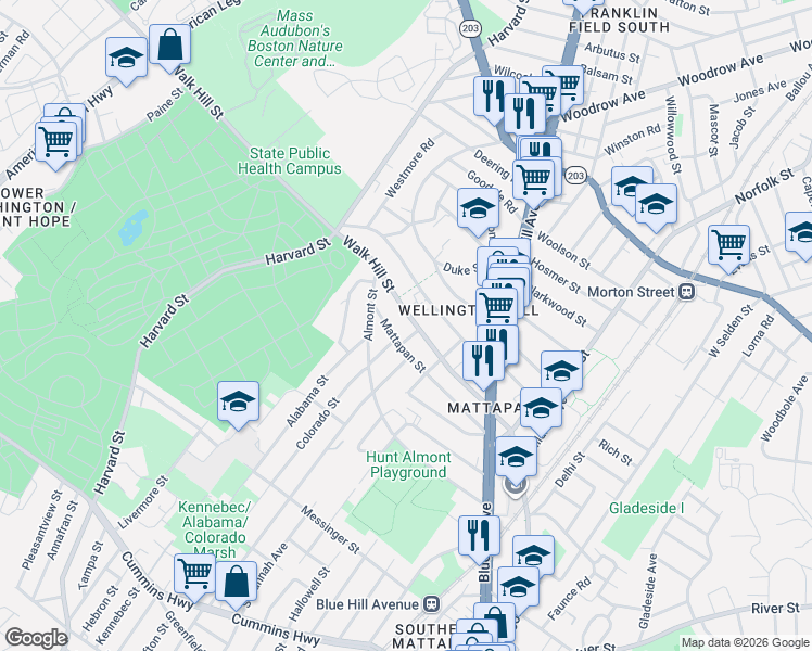 map of restaurants, bars, coffee shops, grocery stores, and more near 12-14 Mulvey Street in Boston