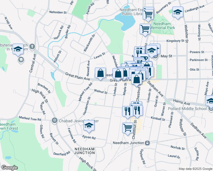 map of restaurants, bars, coffee shops, grocery stores, and more near 39 Walnut Street in Needham