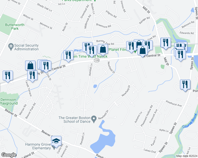 map of restaurants, bars, coffee shops, grocery stores, and more near 14 Village Way in Natick