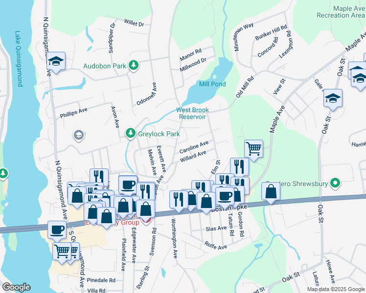 map of restaurants, bars, coffee shops, grocery stores, and more near 68 Caroline Avenue in Shrewsbury