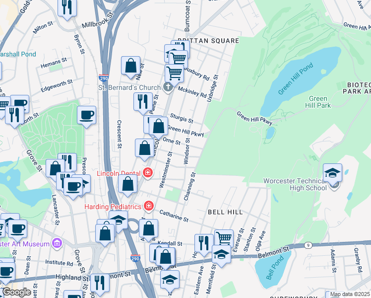 map of restaurants, bars, coffee shops, grocery stores, and more near 32 Forbes Street in Worcester