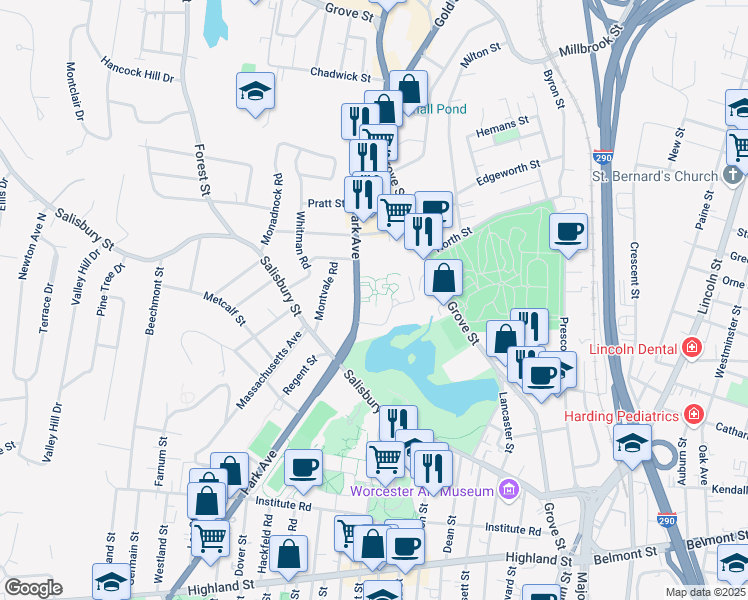 map of restaurants, bars, coffee shops, grocery stores, and more near 87 Park Avenue in Worcester