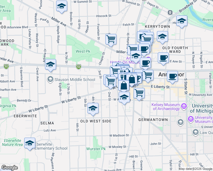 map of restaurants, bars, coffee shops, grocery stores, and more near 403 West Liberty Street in Ann Arbor