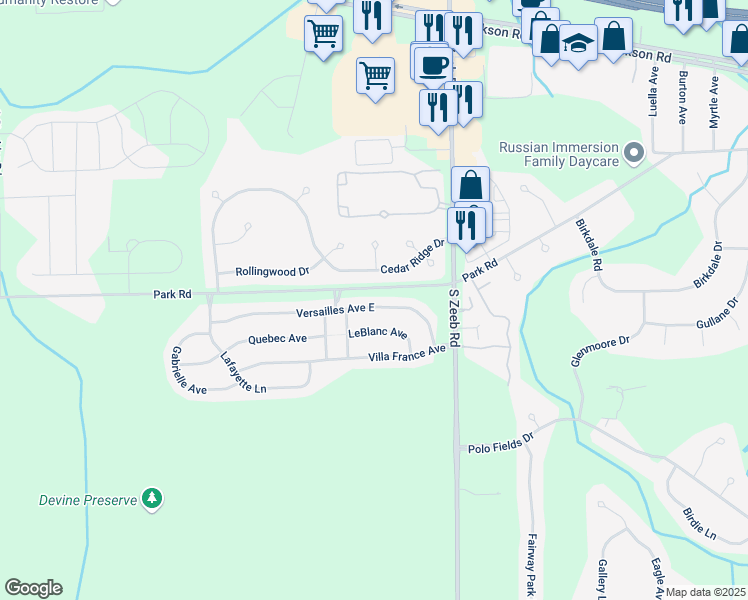 map of restaurants, bars, coffee shops, grocery stores, and more near 5713 Versailles Avenue in Ann Arbor