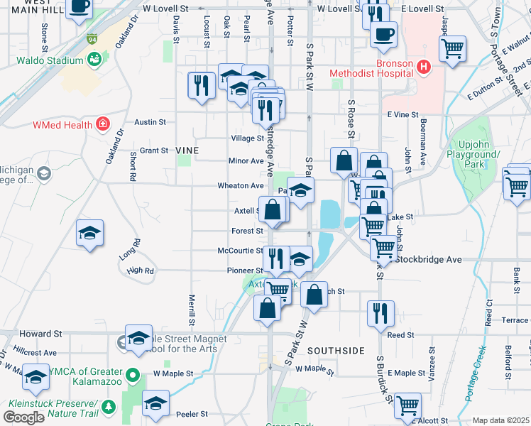 map of restaurants, bars, coffee shops, grocery stores, and more near 510 Forest Street in Kalamazoo