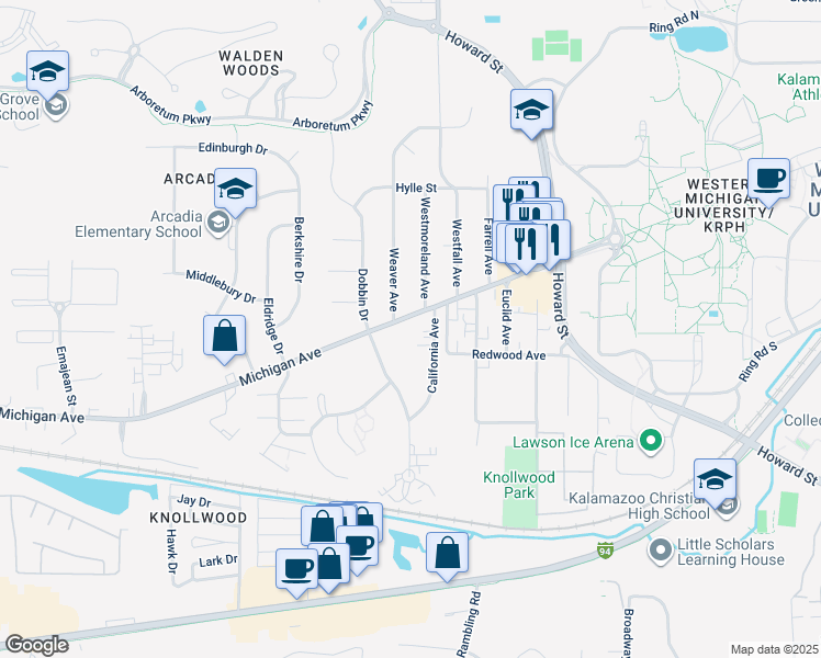 map of restaurants, bars, coffee shops, grocery stores, and more near 1218 California Avenue in Kalamazoo