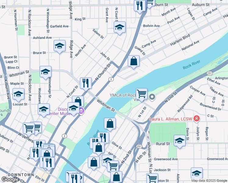 map of restaurants, bars, coffee shops, grocery stores, and more near 949 Indian Terrace in Rockford
