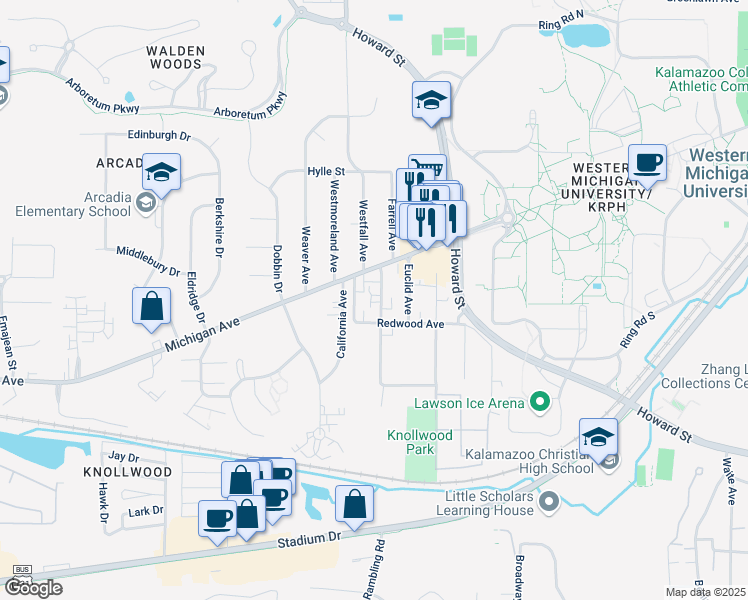 map of restaurants, bars, coffee shops, grocery stores, and more near 1140 Greenwood Avenue in Kalamazoo