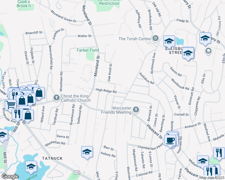 map of restaurants, bars, coffee shops, grocery stores, and more near 35 Guild Road in Worcester