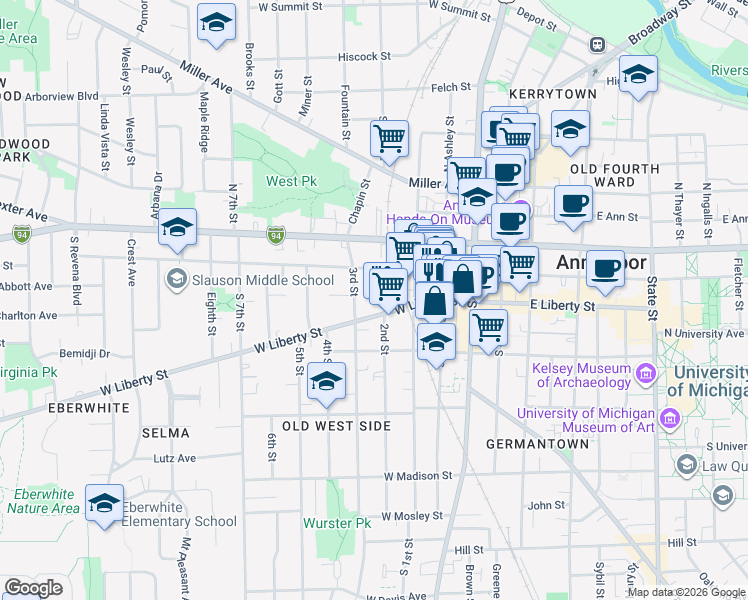 map of restaurants, bars, coffee shops, grocery stores, and more near 403 West Liberty Street in Ann Arbor