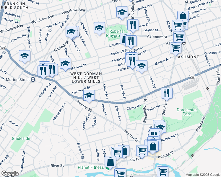 map of restaurants, bars, coffee shops, grocery stores, and more near 86 Codman Hill Avenue in Boston
