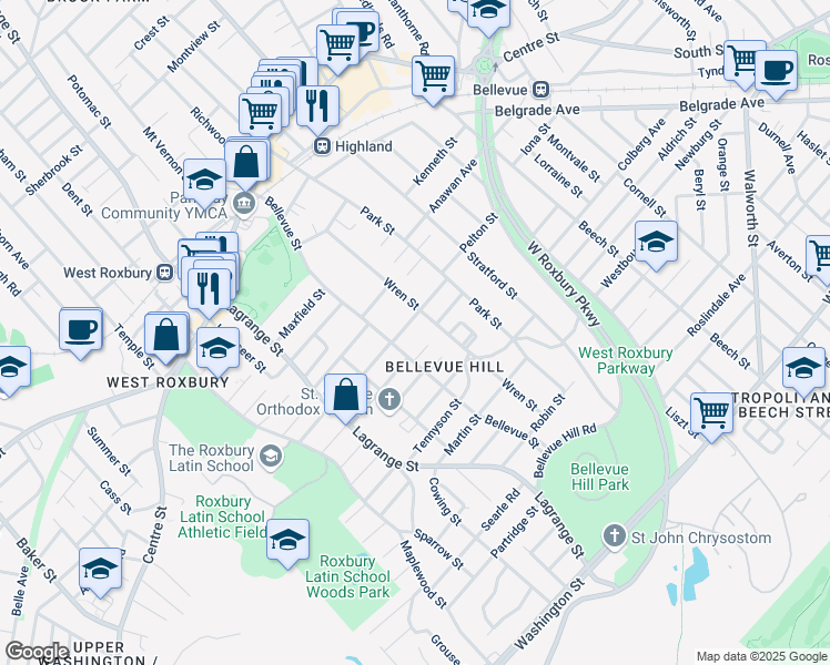 map of restaurants, bars, coffee shops, grocery stores, and more near 195 Bellevue Street in Boston
