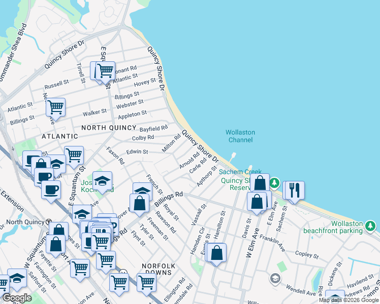 map of restaurants, bars, coffee shops, grocery stores, and more near 55 Arnold Road in Quincy