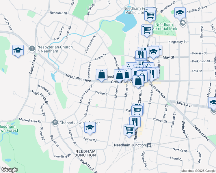 map of restaurants, bars, coffee shops, grocery stores, and more near 39 Walnut Street in Needham