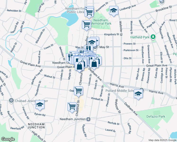 map of restaurants, bars, coffee shops, grocery stores, and more near 23 Dedham Avenue in Needham