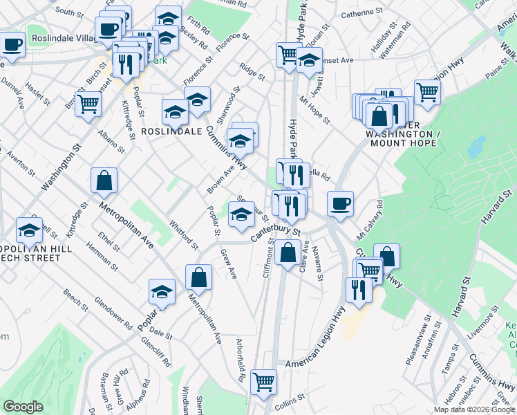 map of restaurants, bars, coffee shops, grocery stores, and more near 60 Seymour Street in Roslindale