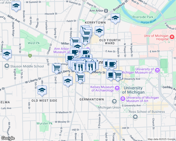 map of restaurants, bars, coffee shops, grocery stores, and more near 200 East Liberty Street in Ann Arbor
