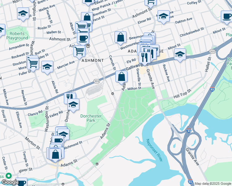 map of restaurants, bars, coffee shops, grocery stores, and more near 949 Adams Street in Boston
