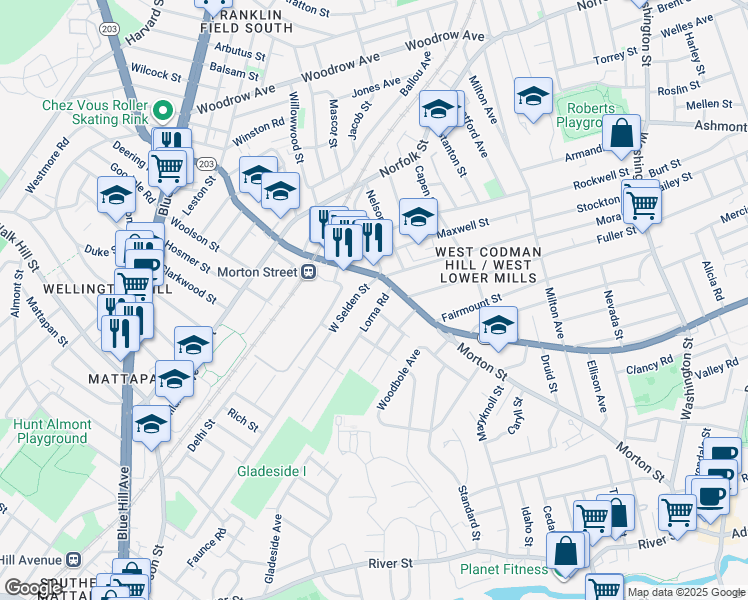 map of restaurants, bars, coffee shops, grocery stores, and more near 41 Lorna Road in Boston