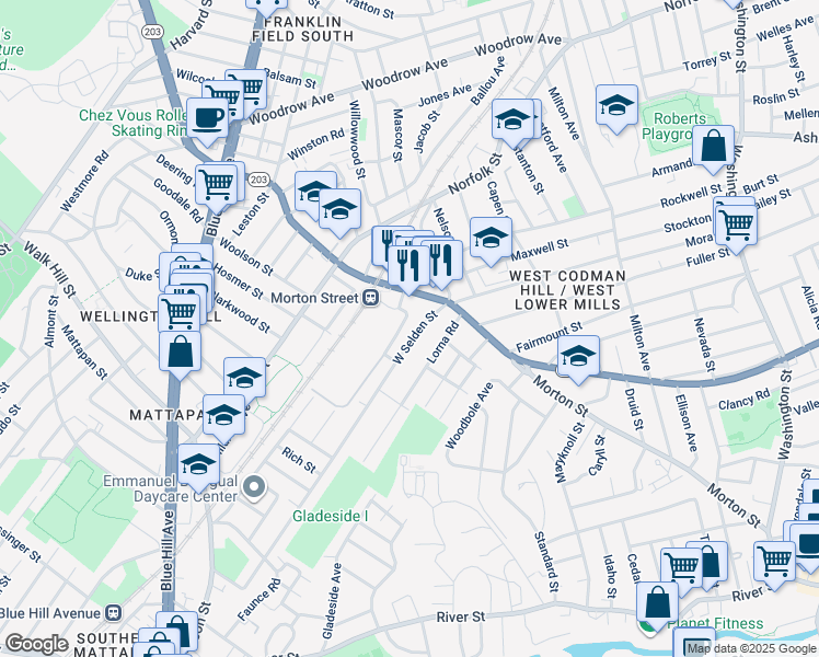 map of restaurants, bars, coffee shops, grocery stores, and more near 41 Lorna Road in Boston