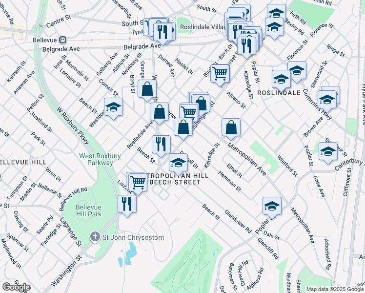 map of restaurants, bars, coffee shops, grocery stores, and more near 179 Cornell Street in Boston