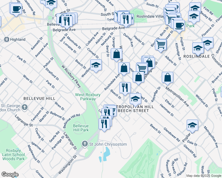 map of restaurants, bars, coffee shops, grocery stores, and more near 41 Mendelssohn Street in Boston