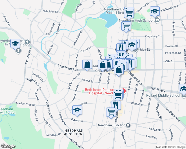 map of restaurants, bars, coffee shops, grocery stores, and more near 39 Walnut Street in Needham