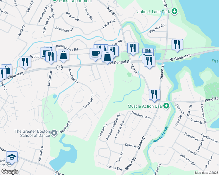 map of restaurants, bars, coffee shops, grocery stores, and more near 33 Stacey Street in Natick
