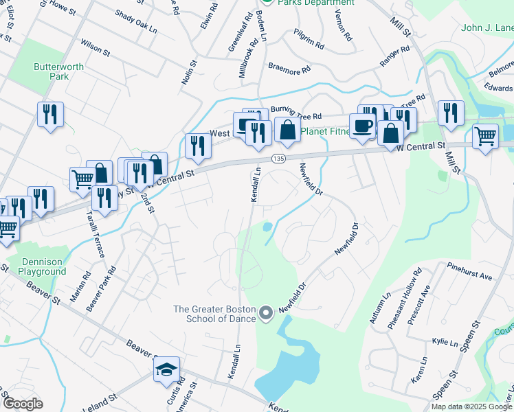 map of restaurants, bars, coffee shops, grocery stores, and more near 18 Village Way in Natick