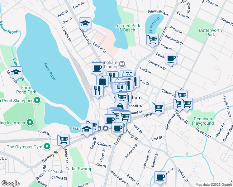 map of restaurants, bars, coffee shops, grocery stores, and more near 54 Franklin Street in Framingham