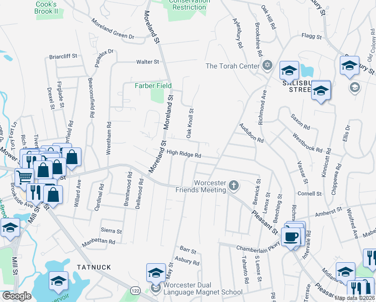 map of restaurants, bars, coffee shops, grocery stores, and more near 35 Guild Road in Worcester