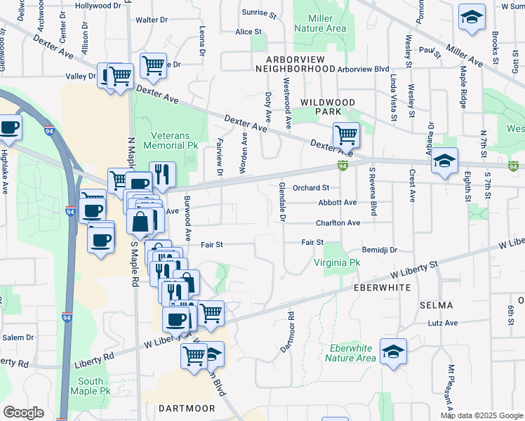 map of restaurants, bars, coffee shops, grocery stores, and more near 312 Glendale Drive in Ann Arbor
